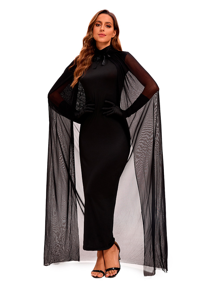 Halloween Witch Vampire Costume - Women Black Sheer Mesh Hooded Cape